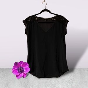 Express Black V-Neck Top w/Mesh & Lace at Shoulders
